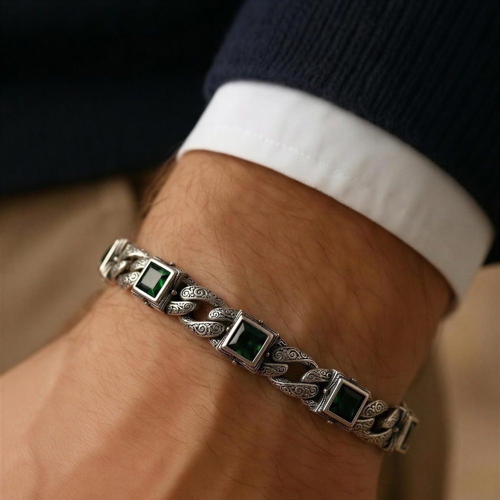 Silver Bracelet with Green Square Stones